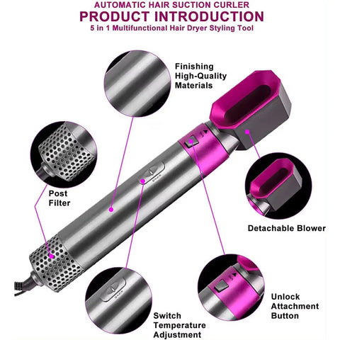 5 In 1 Hair Rotating Hair Dryer Hair Straightener Comb Curling Brush 5 interchangeable barrels