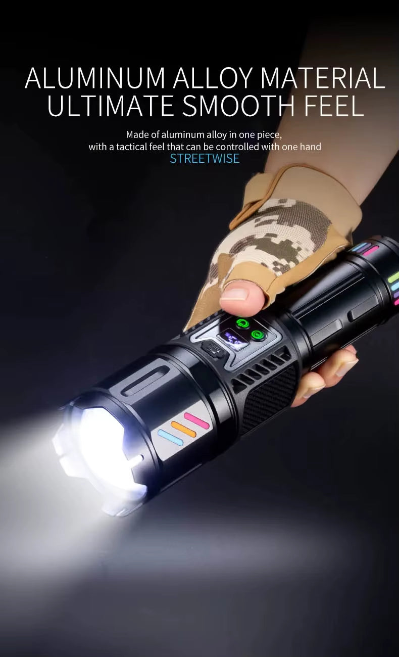 Multifunctional LED Emergency Flashlight with Built-in Bluetooth Speaker, 2000LM Bright Torch, 5400mAh Rechargeable Battery & Waterproof Design