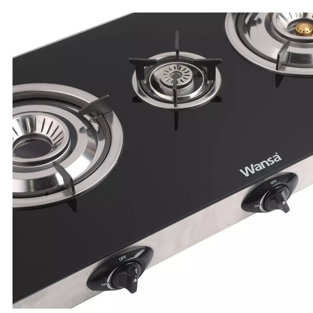 Wansa 3-N5-1608, 3-Burner Gas Stove – Black Glass Top, Auto Ignition, High-Efficiency Whirlwind Flame