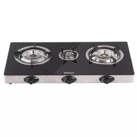 Wansa 3-N5-1608, 3-Burner Gas Stove – Black Glass Top, Auto Ignition, High-Efficiency Whirlwind Flame