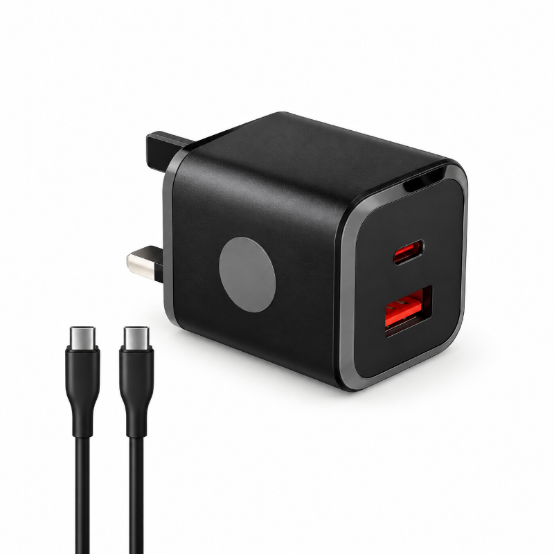 شاحن Powero+ البريطاني الصغير بقدرة 25W مع كابل USB-C إلى USB-C ودعم PD وQC - أسود