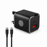شاحن Powero+ البريطاني الصغير بقدرة 25W مع كابل USB-C إلى USB-C ودعم PD وQC - أسود