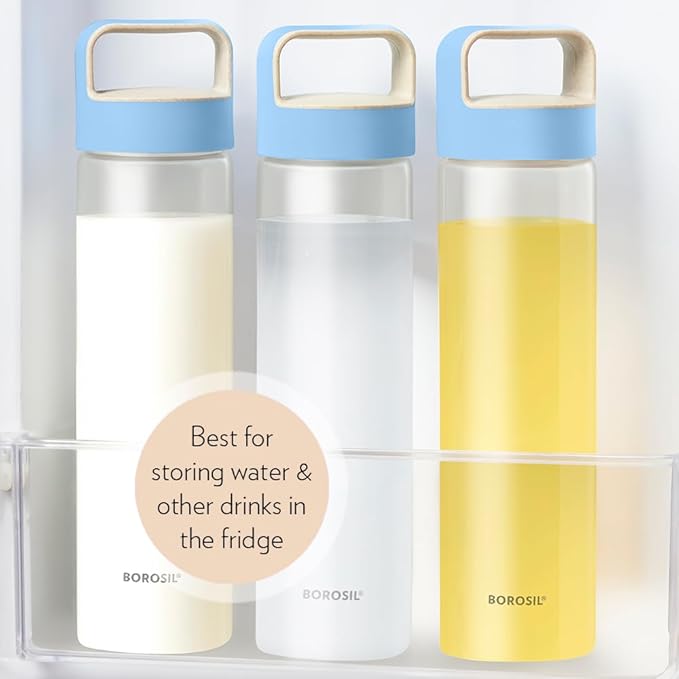 Borosil Borosilicate Glass Water Bottle with Leakproof Airtight Lid, Fridge Safe Wide Mouth Clear Bottle