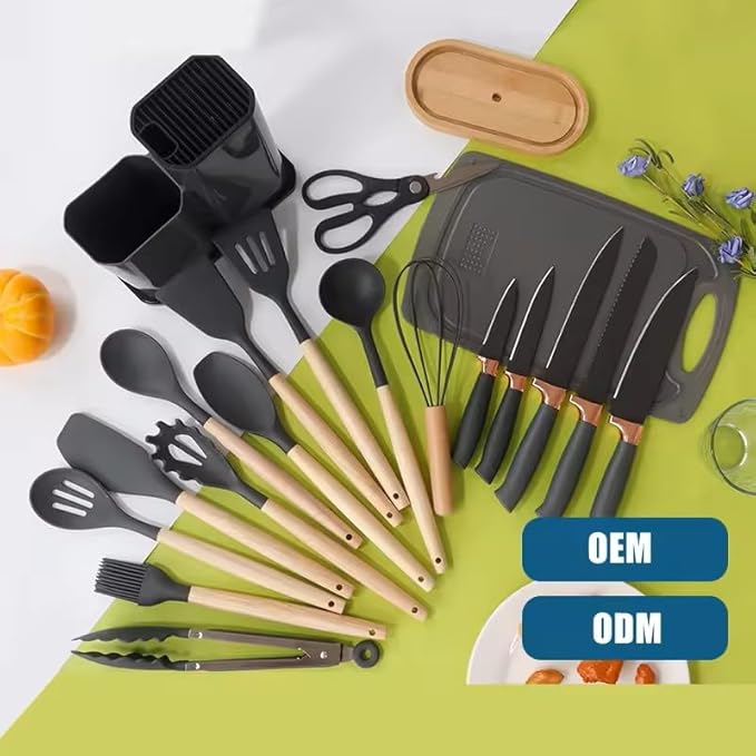 Premium 19-Piece Silicone Kitchenware & Knife Set with Cutting Board & Holding Stand