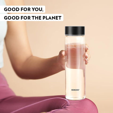 Borosil Neo 550ml Clear Borosilicate Glass Water Bottle, Scratch Resistant Airtight Leakproof Refrigerator Safe Dishwasher Safe Bottle for Water, Juice and Infused Drinks