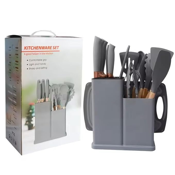 Premium 19-Piece Silicone Kitchenware & Knife Set with Cutting Board & Holding Stand