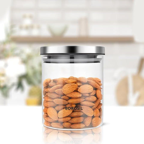 برطمان Borosil Classic لحفظ الطعام من زجاج البوروسيليكات مع غطاء من الستانلس ستيل، آمن للميكروويف والفرن والفريزر