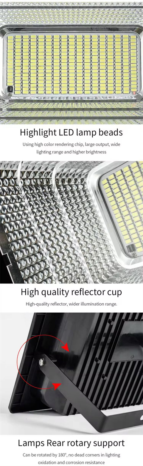 كشاف LED بالطاقة الشمسية بقدرة 300 واط مع جهاز تحكم عن بعد، ومستشعر ضوء ذكي وتصميم مقاوم للماء بمعيار IP67