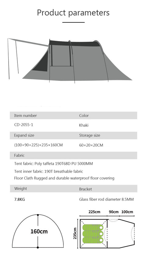 Chanodug Tunnel Camping Tent 6-8 Person with Canopy and Courtyard Design