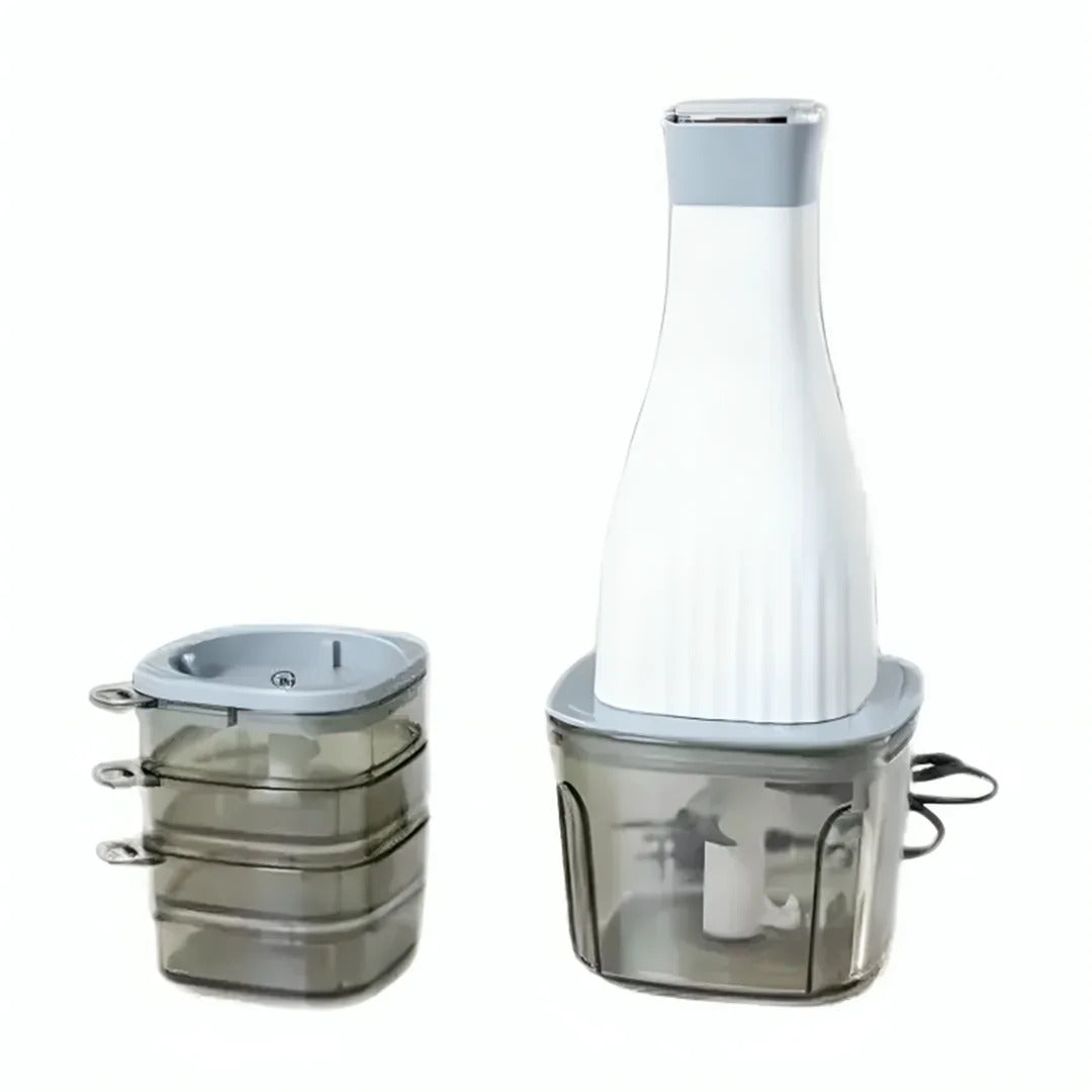 KKF، مفرمة طعام كهربائية صغيرة ومفرمة لحم 250 واط بشفرة من الفولاذ المقاوم للصدأ، سعة 0.6 لتر و4 حاويات تخزين