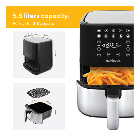 Nutricook, Air Fryer NC-AF205 – 1700W, 5.5L, SmartTemp, 10 Presets, Stainless Steel, Black