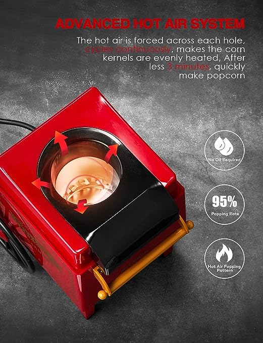 Retro Hot Air Popcorn Maker Machine - 1200W