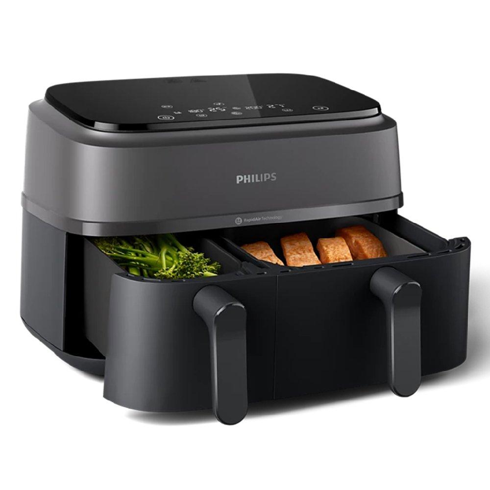 Philips Dual Air Fryer NA350/00 – 9L Dual Basket, 2750W RapidAir Plus, 8 Presets, Gray & Black