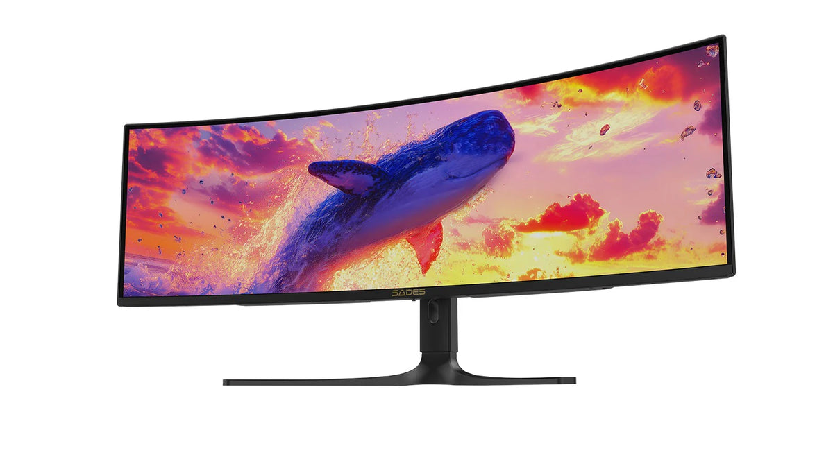 مجموعة : شاشة ألعاب SADES SP-Whale (SA-C01U49) المنحنية مقاس 49 بوصة بتقنية OLED ودقة Dual QHD مع مجموعة ملحقات ألعاب الكمبيوتر Gamax GM-204 (4 في 1) التي تشمل لوحة مفاتيح ميكانيكية باللغة العربية 