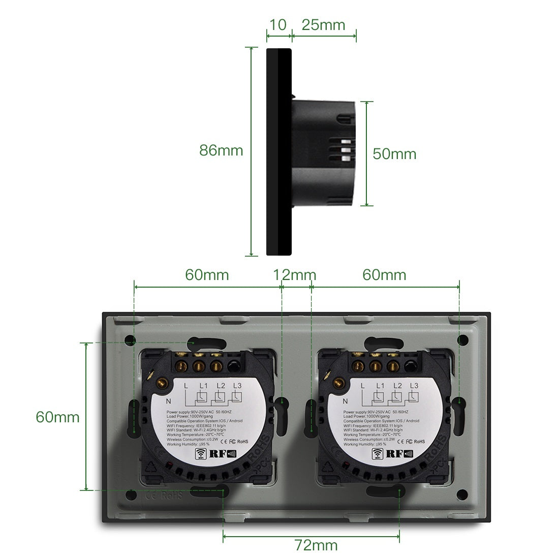 Gopeta, 2+2 Gang Smart Wi-Fi Touch Switch 600W with Glass Panel