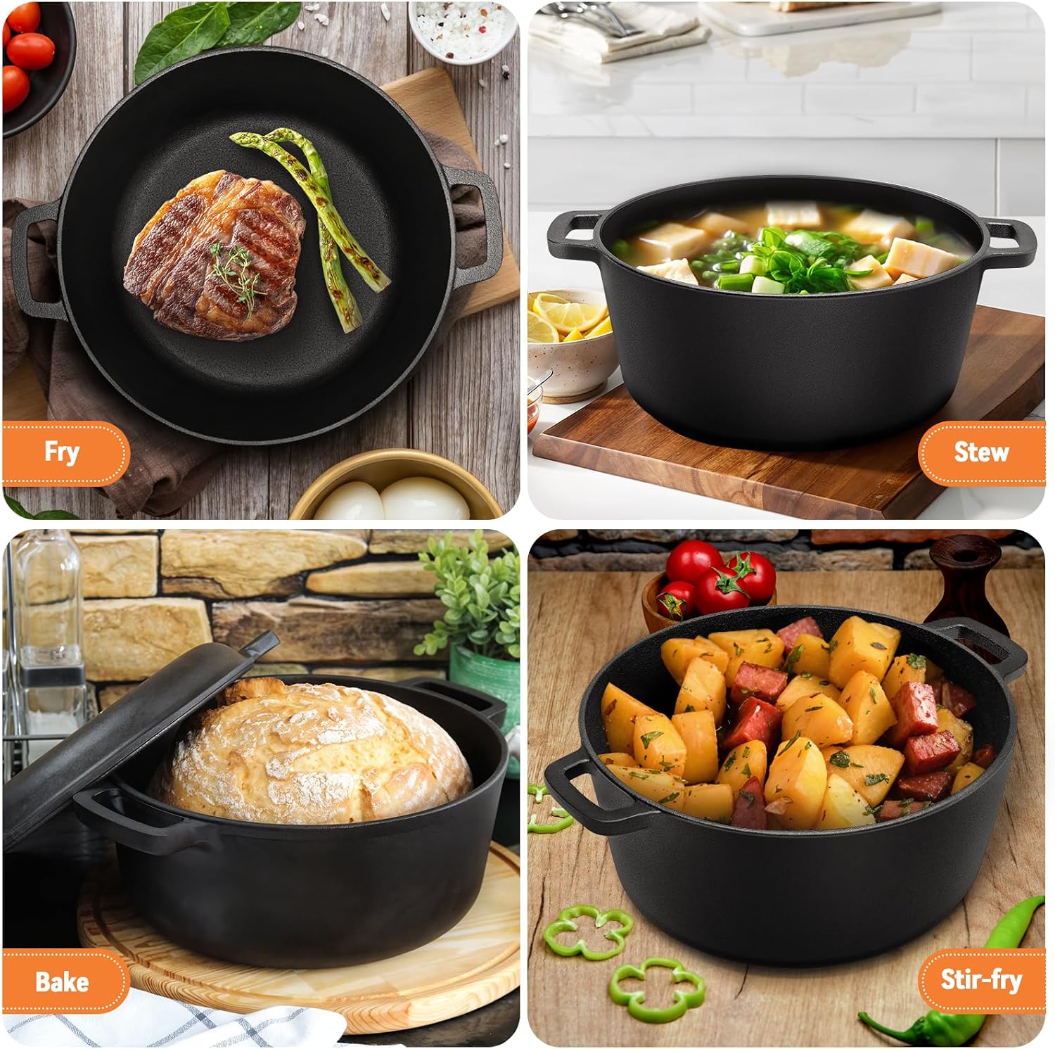Westinghouse 5-Quart Pre-Seasoned Cast Iron Dutch Oven with 10.25-Inch Skillet Lid – Black