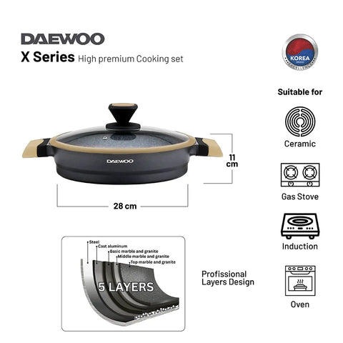 Daewoo 28 cm Shallow Granite Casserole with Lid - Black & Brwon
