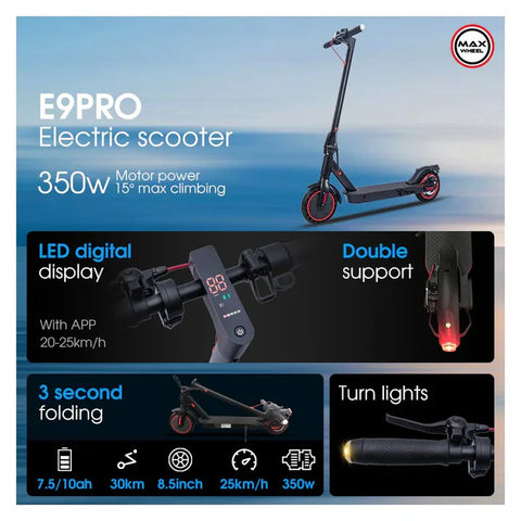 Zwheel E9Pro Foldable Electric Scooter, Max Speed 30 Km, Wheel Size 8.5" & Motor Power 350 Watts