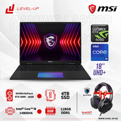كمبيوتر محمول للألعاب MSI Titan 18 HX A14VIG مقاس 18 بوصة UHD+، 120 هرتز، وحدة معالجة مركزية i9-14900HX، GeForce RTX 4090 16 جيجابايت، ذاكرة وصول عشوائي 128 جيجابايت DDR5