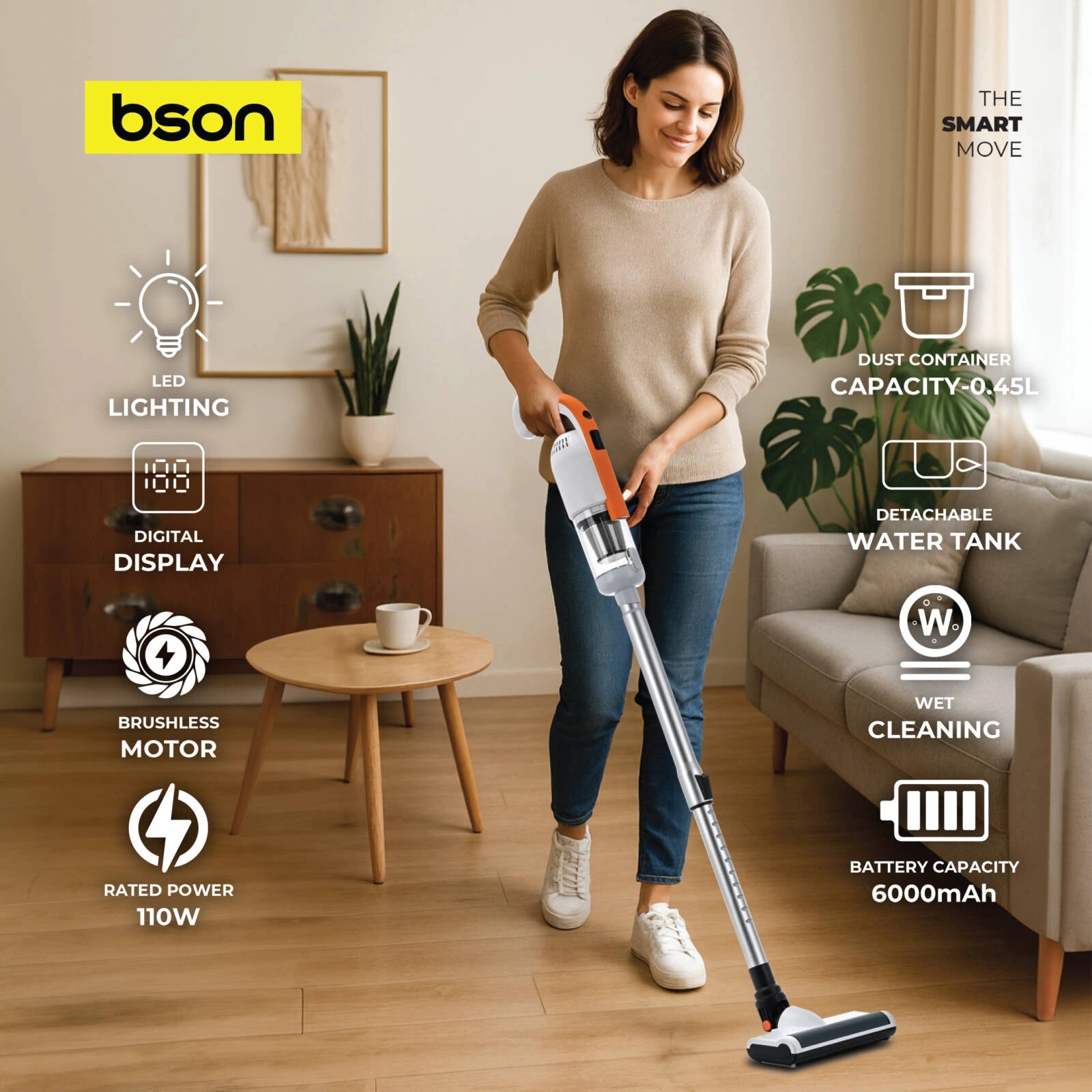 BSON Cordless Stick Vacuum - Orange with Light & Water Tank