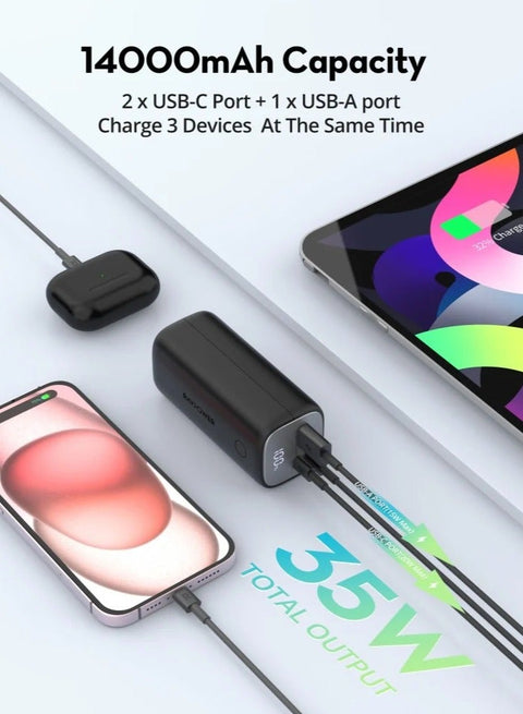 14000 mAh RAV Power RP-PB208 Mini PD Pioneer PD30W 3-Port Power Bank Black