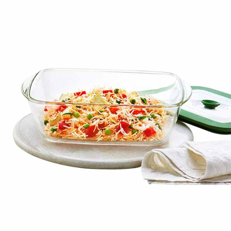 Borosil Rectangular Borosilicate Glass Storage and Baking Dish with Green Lid – 2.6 L