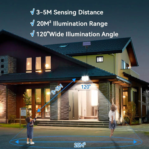 KKF Solar-Powered LED Security Wall Light with Motion Sensor & Remote Control, 120° Wide-Angle Detection, 20㎡ Illumination Coverage & Waterproof Design for Outdoor Use