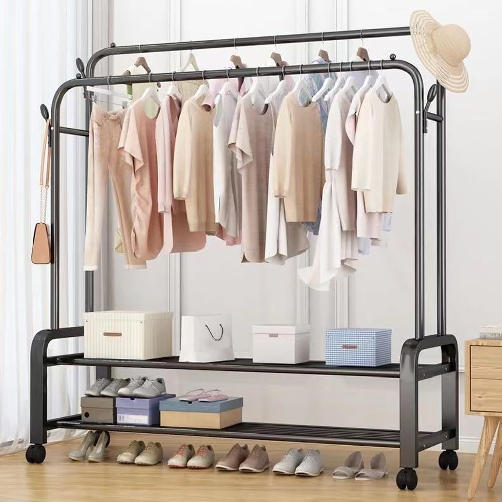 Double Layer Metal Clothes Rack with Wheels