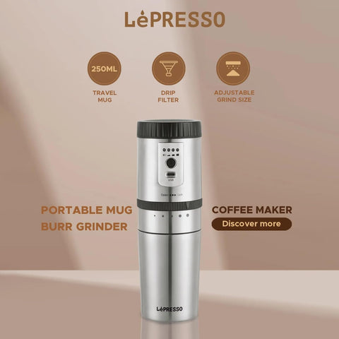 LePresso Portable Mug Burr Grinder Coffee Maker - Sliver