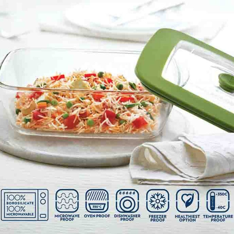 Borosil Rectangular Borosilicate Glass Storage and Baking Dish with Green Lid – 2.6 L