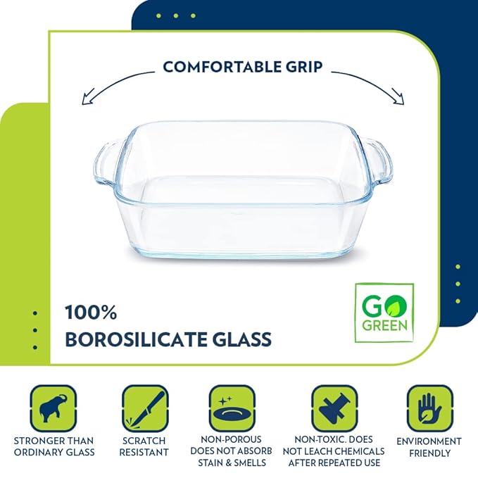 Borosil Square Borosilicate Glass Baking and Serving Dish with Handles – 1.6 L