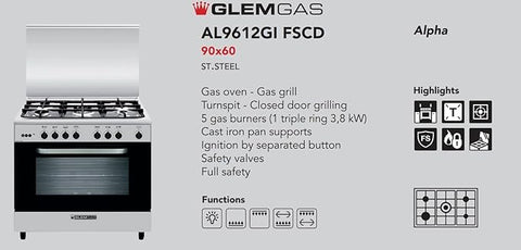 Glem Gas Cooker 90x60, 5 Burners, Stainless Steel