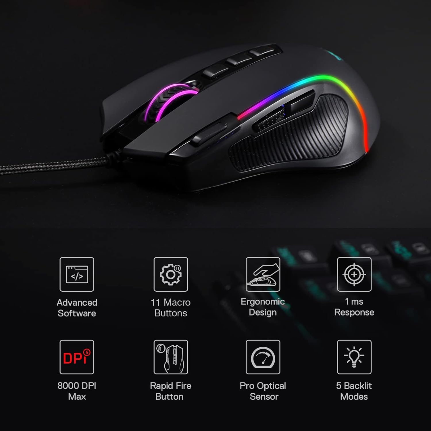 ريدراجون M612، فأرة ألعاب Predator سلكية بصرية RGB بدقة 8000 DPI – أسود