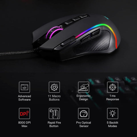 Redragon M612, Predator 8000 DPI RGB Wired Optical Gaming Mouse - Black