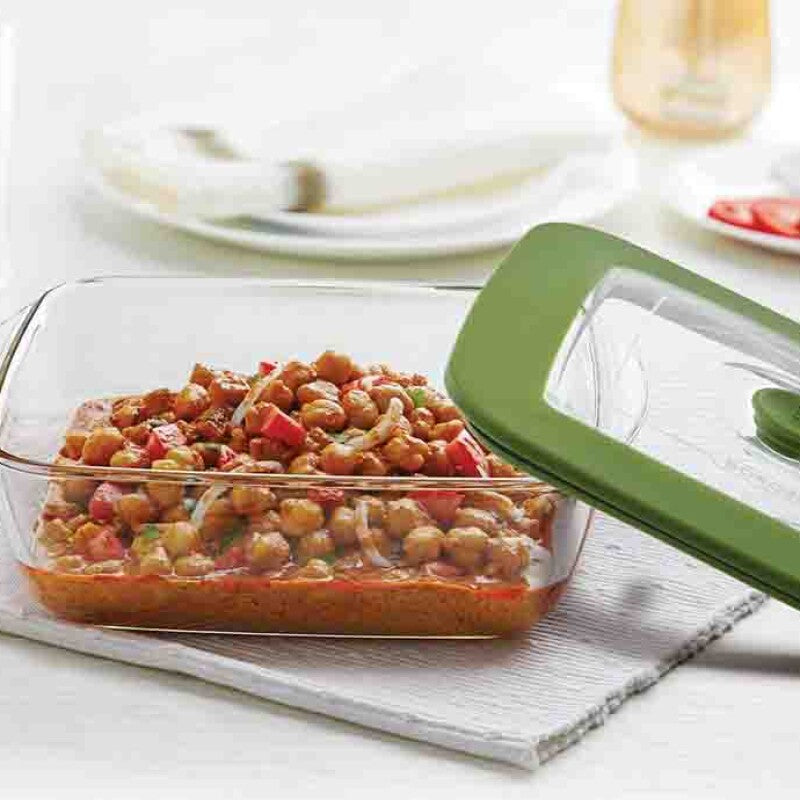 Borosil Square Borosilicate Glass Baking and Storage Dish with Green Airtight Lid