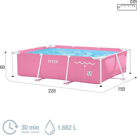 INTEX 2.2m x 1.5M x 60cm Pink Rectangular Frame Pool, Set-up Size: 2.20m x 1.50m x 60cm (28266NP)