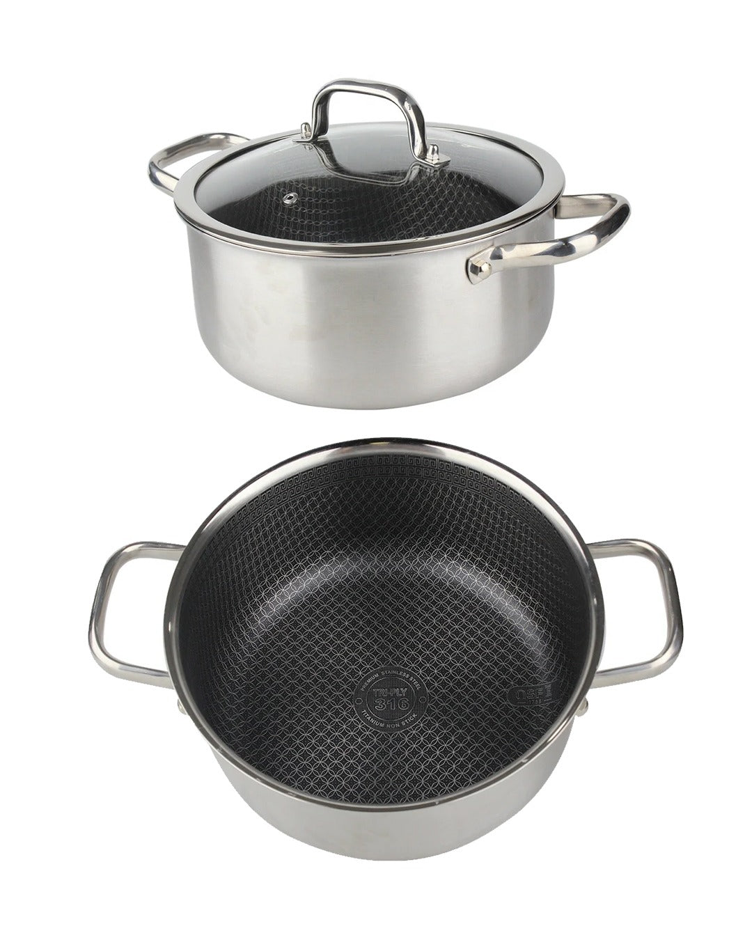 Osfe Home Cooking 316 High Quality 10-Piece Luxury Triply Stainless Steel Non Stick Cookware Set With Glass Lid (32-28-24-20 cm Pots and Pan 28 cm)