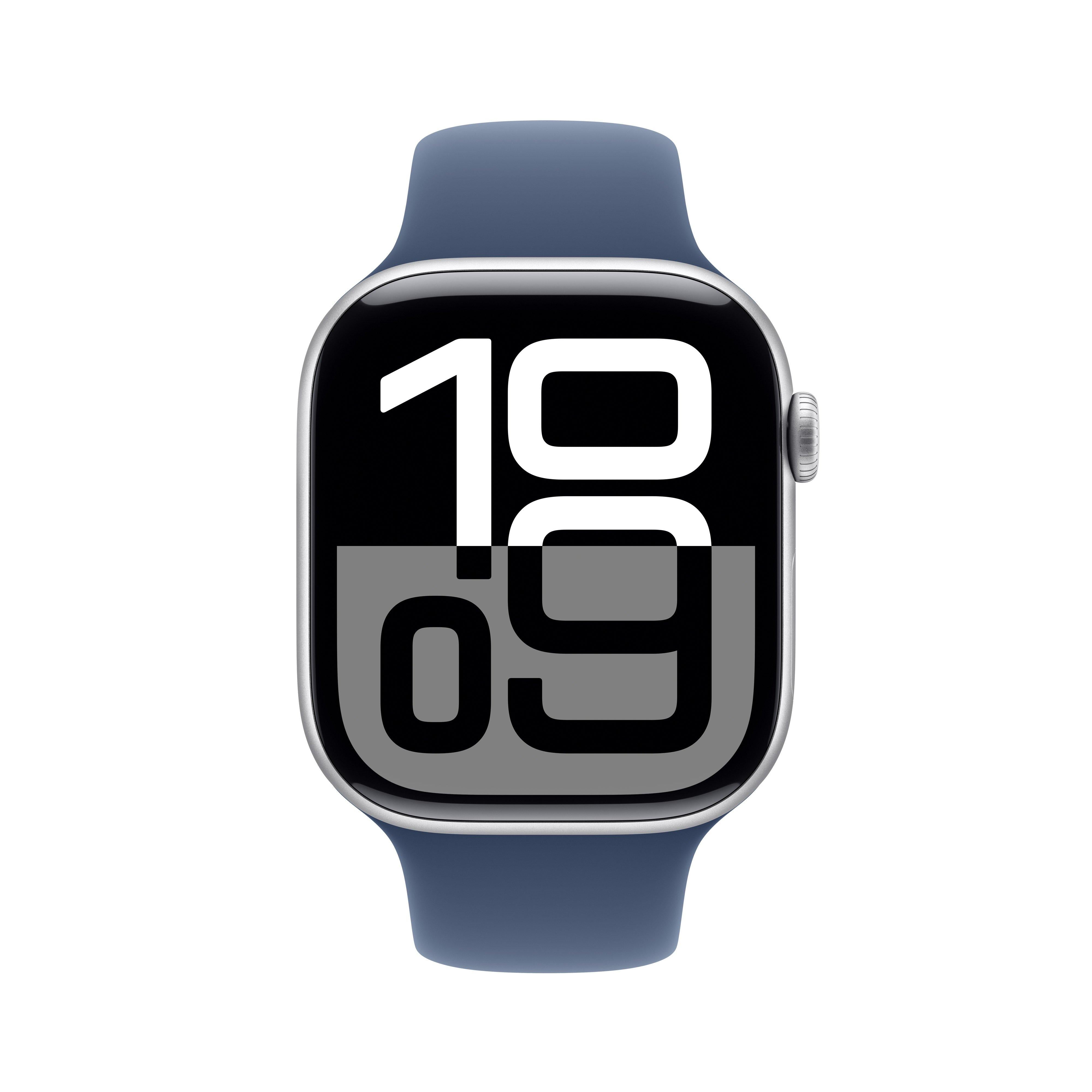 APPLE WATCH SERIES 10 GPS 46MM SILVER ALUMINIUM CASE WITH DENIM SPORT BAND - M/L