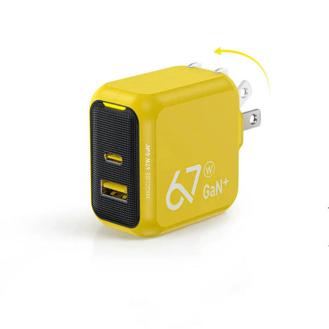 AOHI Magcube 67W Dual-Port GaN Charger Foldable PD Fast Charging USB-C USB-A Yellow Black