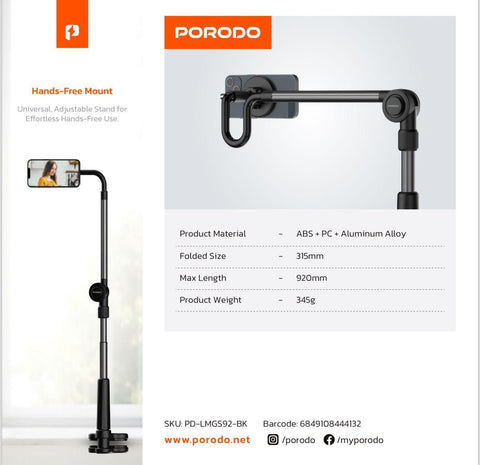 Porodo PD-LMGS92-BK, Lazy Man Stand with Magnetic Suction 92CM - Black