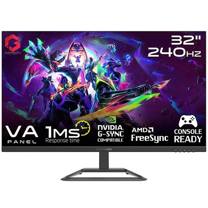 شاشة GAMEON 32 بوصة FHD، 240 هرتز، 1 مللي ثانية، VA مسطحة، متوافقة مع HDMI 2.1، شاشة ألعاب مع G-Sync وFree Sync - أسود