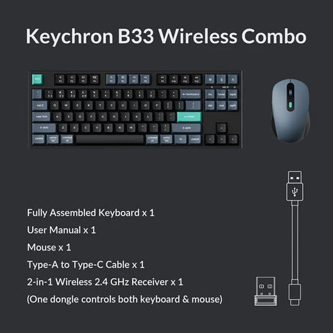 Keychron B33 Keyboard and BM25 Mouse Wireless Combo, 80% TKL, Black/Green - Arabic Layout