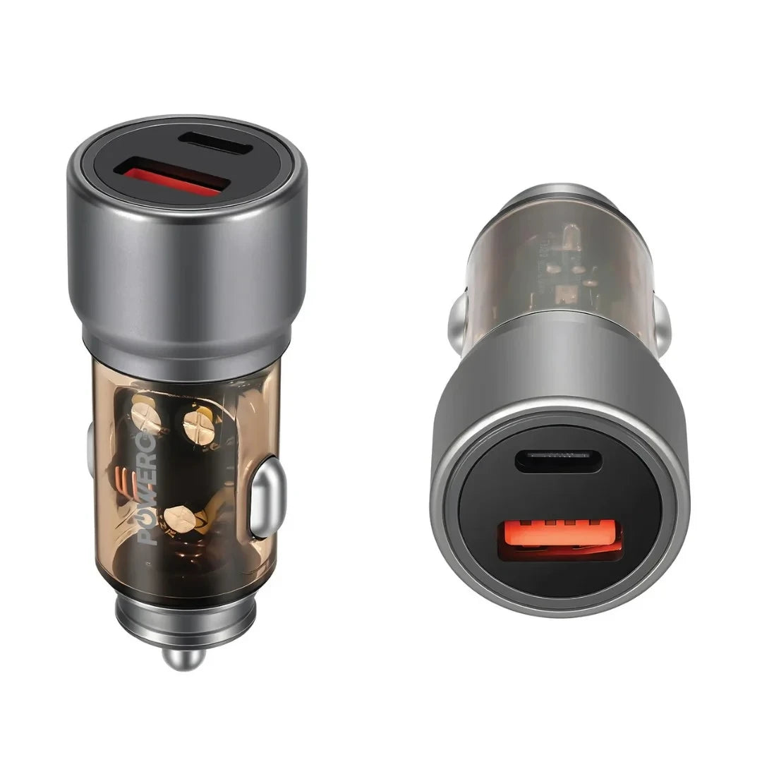 Powero+ Crysta Dual Port Car charger 48W with Braided Type-C to Type-C Cable - Grey