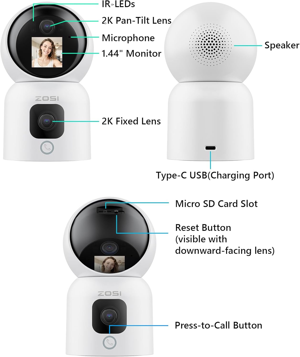 ZOSI INDOOR PT CAMERA WITH SCREEN,DUAL LENS 3MP+3MP