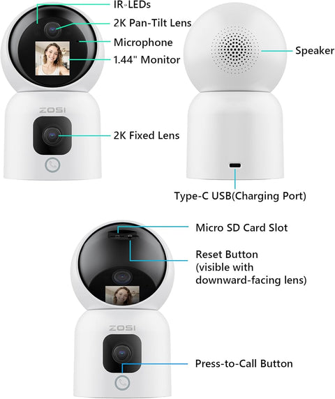 ZOSI INDOOR PT CAMERA WITH SCREEN,DUAL LENS 3MP+3MP