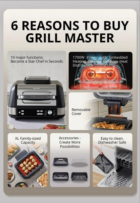 Arshia GM498-3305BS, 10-in-1 Air Fryer Grill Master 1750W – 10L XL Capacity