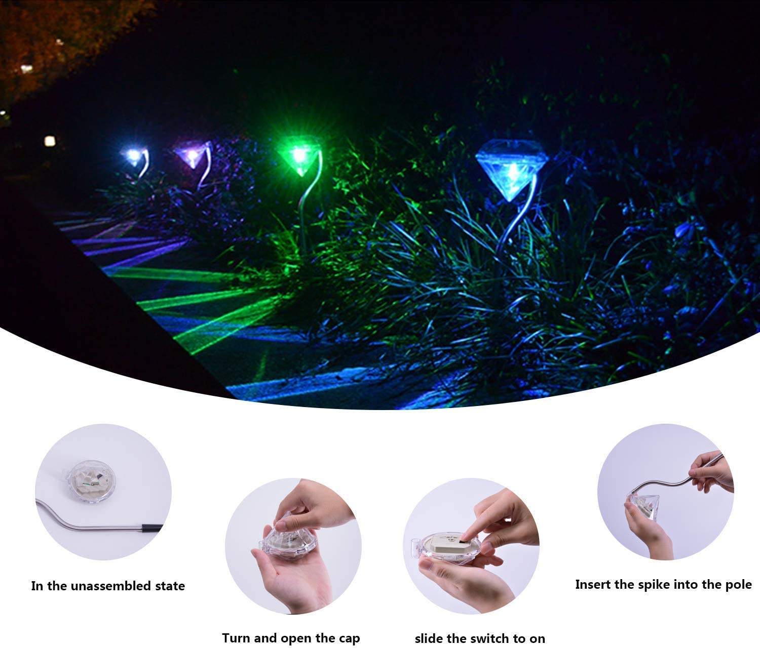Pack of 4 LED Color Changing Solar Power Diamond Shaped Garden light