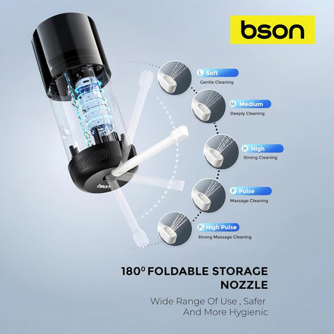 BSON Travel Buddy Pro Bidet - 180° Adjustable Nozzle, 5 Water Flow Modes, 8 Nozzles, 250ml Capacity, IP67 Waterproof, Long-Life Battery, Type-C Charging, Digital Display