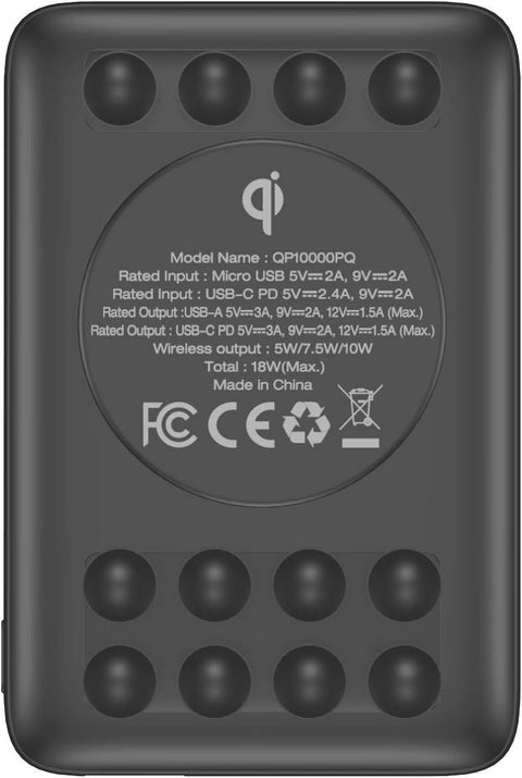 Ultimate 10000 mAh Wireless Power Bank- 18W- with Suction Cup-  Triple Output- with Power Delivery USB-C Output- Dual Input- Black
