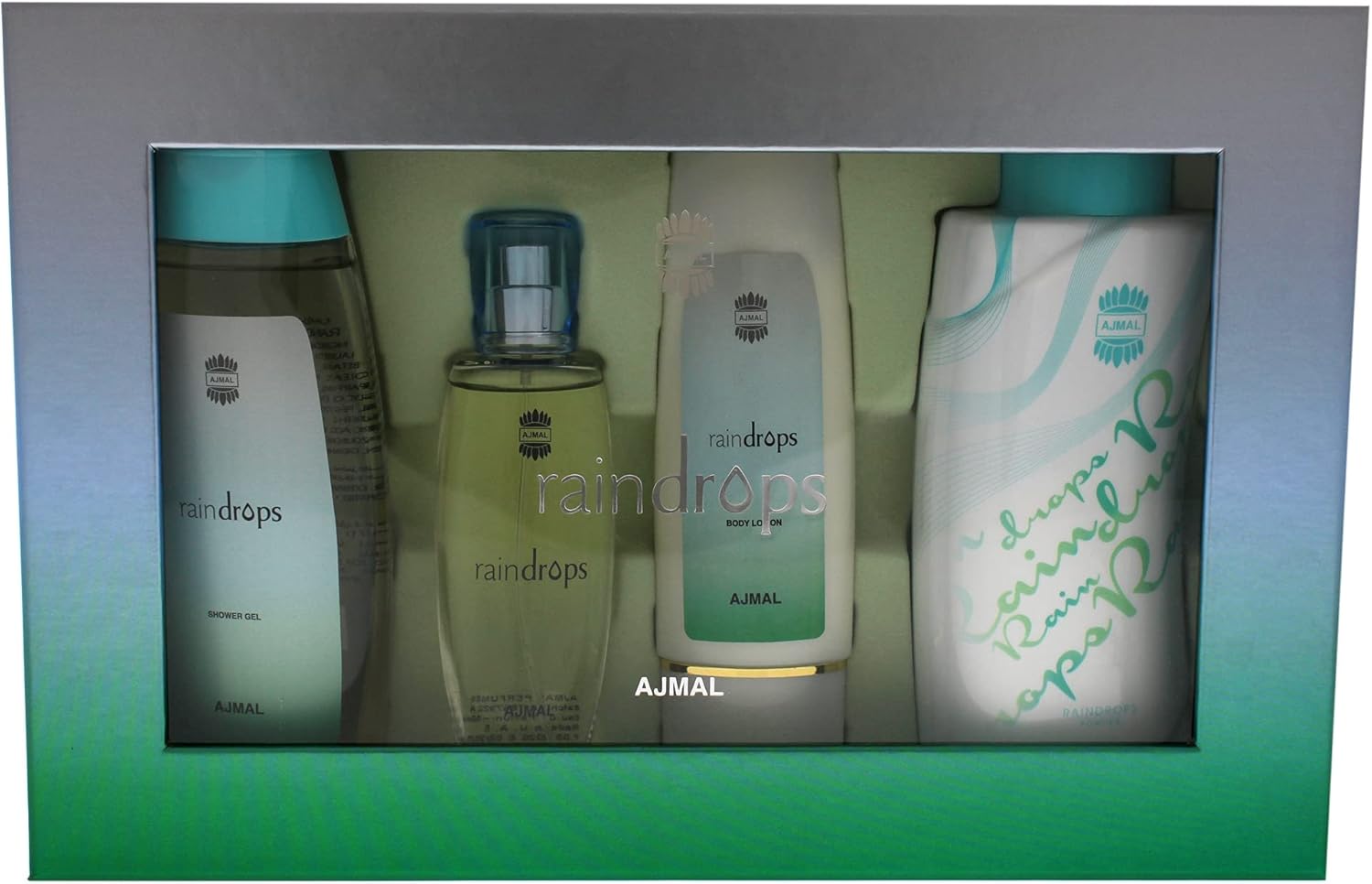 Ajmal Raindrops 4 Pcs Set For Her - EDP 50 ml, Body Lotion 100 ml, Shower Gel 200 ml, Body Powder 100 ml